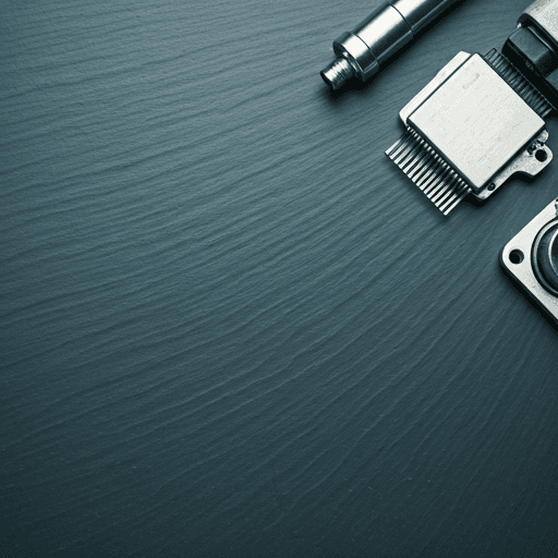 Top-down high-contrast photo of technical blueprints and silver hardware components on a slate grey surface.
